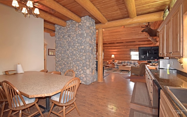 dining space featuring sink, log walls, wooden ceiling, beamed ceiling, and hardwood / wood-style floors
