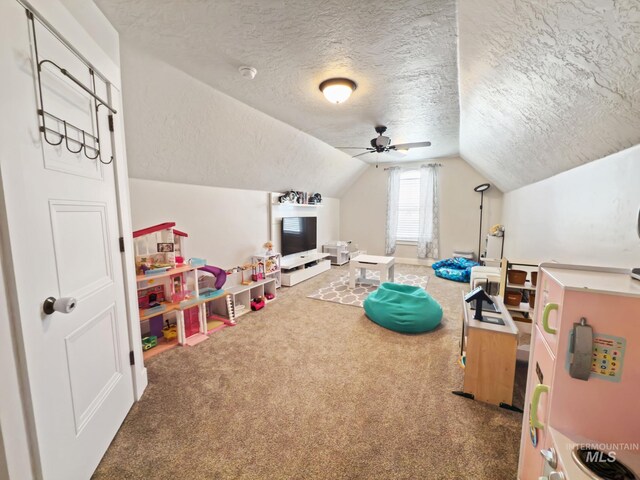 7063 S Pear Blossom, Meridian, ID 83642 - playroom featuring a textured ceiling, carpet floors, lofted ceiling, and a ceiling fan