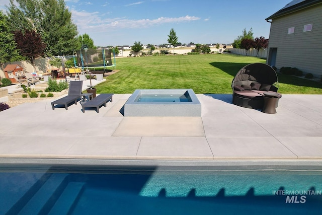 7063 S Pear Blossom, Meridian, ID 83642 - view of swimming pool featuring a trampoline, a patio area, and an in-ground hot tub