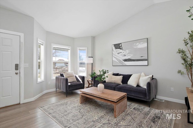 living room featuring lofted ceiling and hardwood / wood-style floors