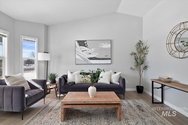 living room featuring hardwood / wood-style flooring and vaulted ceiling