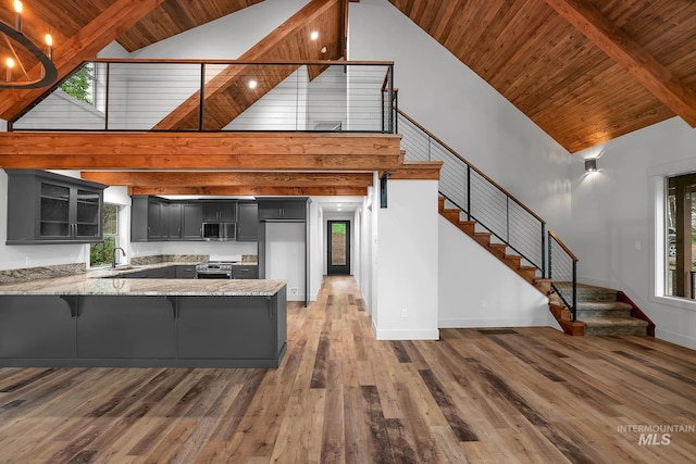 1 Caribou Pkwy, Cascade, ID 83611 - kitchen featuring high vaulted ceiling, wood ceiling with exposed beams, stainless steel appliances, a peninsula, and glass insert cabinets