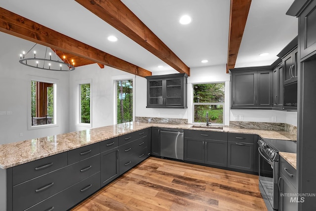 1 Caribou Pkwy, Cascade, ID 83611 - kitchen featuring black / electric stove, a sink, a peninsula, beamed ceiling, and stainless steel dishwasher