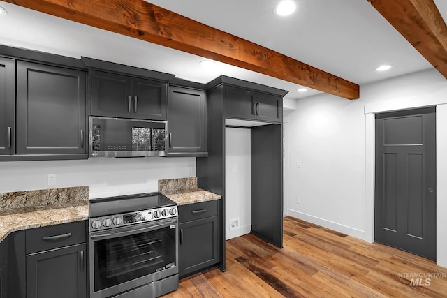 1 Caribou Pkwy, Cascade, ID 83611 - kitchen with appliances with stainless steel finishes, beam ceiling, light wood-style floors, recessed lighting, and baseboards