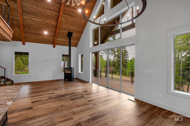 1 Caribou Pkwy, Cascade, ID 83611 - unfurnished living room featuring a wood stove, high vaulted ceiling, stairs, hardwood / wood-style flooring, and wooden ceiling with exposed beams