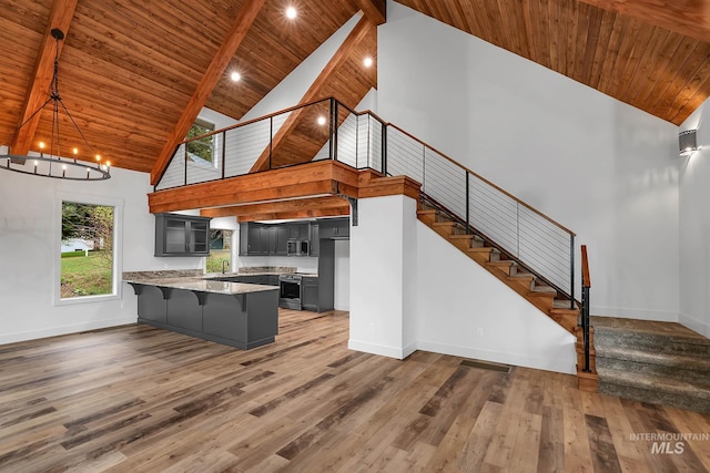 1 Caribou Pkwy, Cascade, ID 83611 - kitchen featuring high vaulted ceiling, stainless steel appliances, a chandelier, wooden ceiling with exposed beams, and a peninsula