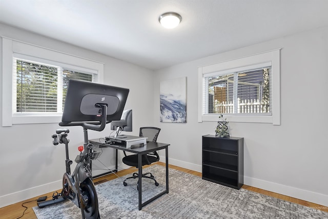 office space featuring a healthy amount of sunlight, baseboards, and wood finished floors