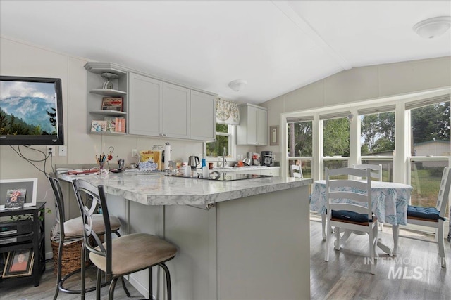 3600 S Robinson Blvd, Nampa, ID 83686 - kitchen featuring lofted ceiling, wood finished floors, a peninsula, a kitchen bar, and open shelves