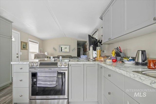 3600 S Robinson Blvd, Nampa, ID 83686 - kitchen featuring electric range, open floor plan, vaulted ceiling, a peninsula, and wood finished floors