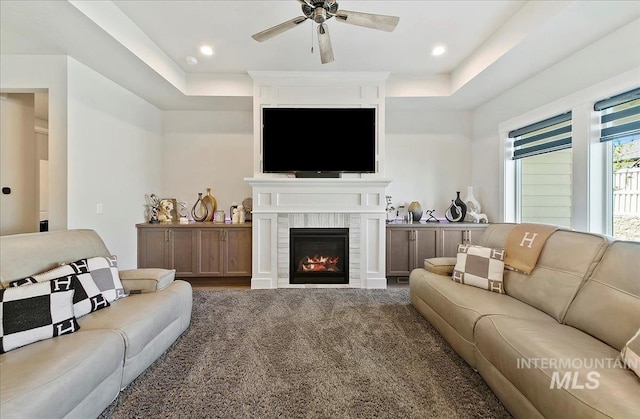 4603 S Hennessy Ave, Meridian, ID 83642 - living room featuring a ceiling fan, a fireplace, and recessed lighting