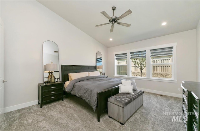 4603 S Hennessy Ave, Meridian, ID 83642 - bedroom featuring light carpet, recessed lighting, high vaulted ceiling, and a ceiling fan