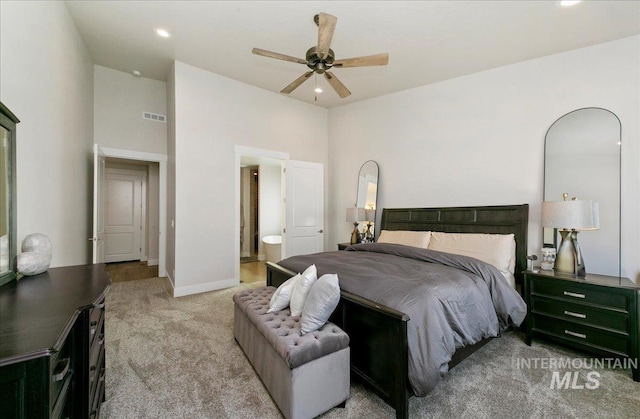 4603 S Hennessy Ave, Meridian, ID 83642 - bedroom featuring carpet floors, recessed lighting, connected bathroom, and ceiling fan