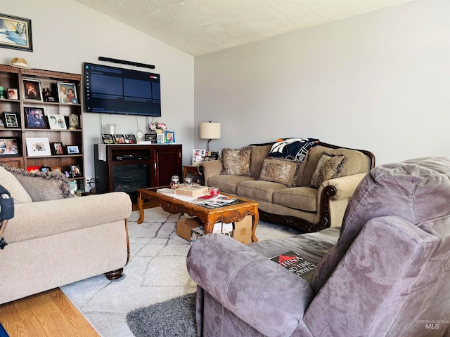 living room with lofted ceiling, a textured ceiling, and light hardwood / wood-style floors