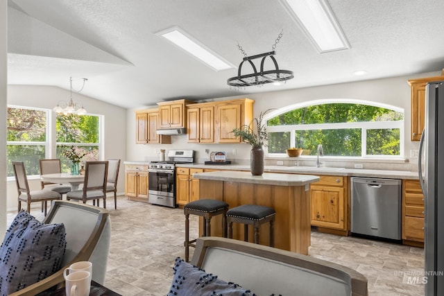 315 Bard Ave, Middleton, ID 83644 - kitchen featuring stainless steel appliances, a sink, under cabinet range hood, vaulted ceiling, and light countertops