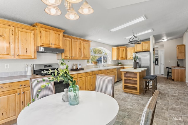 315 Bard Ave, Middleton, ID 83644 - kitchen with under cabinet range hood, stainless steel appliances, light countertops, a center island, and open shelves