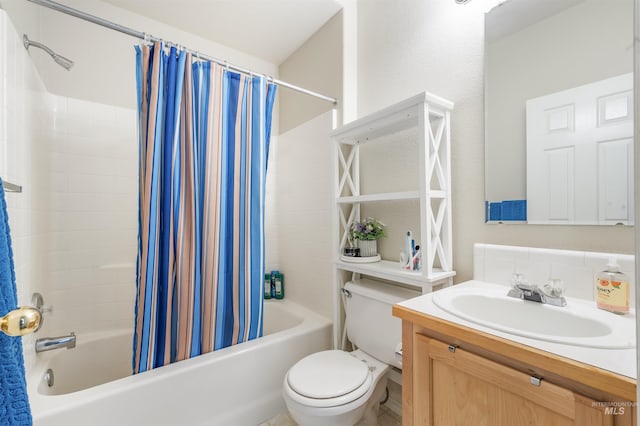 3189 S Kramer Ln, Boise, ID 83706 - full bath featuring vanity, tasteful backsplash, toilet, and shower / bath combination with curtain