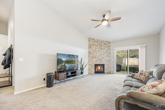 3189 S Kramer Ln, Boise, ID 83706 - living area with high vaulted ceiling, carpet, a ceiling fan, and a stone fireplace
