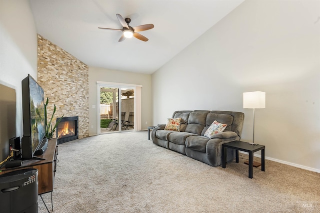 3189 S Kramer Ln, Boise, ID 83706 - carpeted living area featuring a ceiling fan, baseboards, vaulted ceiling, and a fireplace