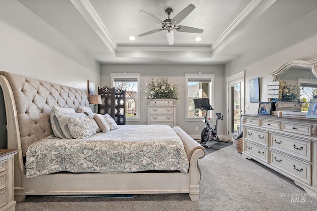 1315 N Luge Ave, Eagle, ID 83616 - bedroom with a tray ceiling, ornamental molding, carpet flooring, a ceiling fan, and recessed lighting