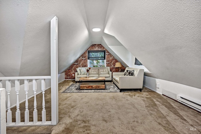 913 N 22nd St, Boise, ID 83702 - living area featuring vaulted ceiling, carpet floors, a baseboard heating unit, baseboards, and a textured ceiling