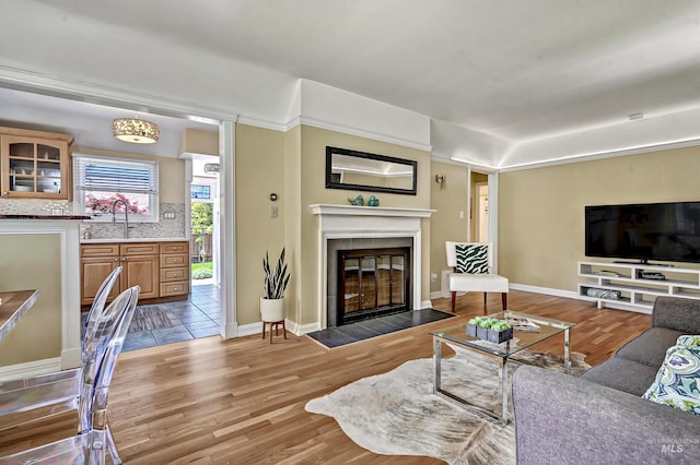 913 N 22nd St, Boise, ID 83702 - living area with light wood-style floors, a fireplace, and baseboards