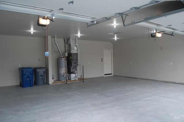 garage featuring a garage door opener, water heater, and heating unit