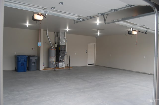 garage with gas water heater, heating unit, and a garage door opener