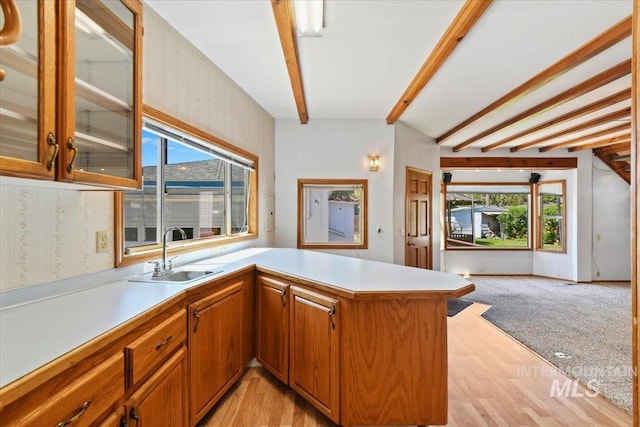 kitchen with a sink, a peninsula, light countertops, light wood finished floors, and glass insert cabinets