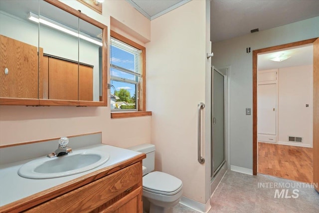 bathroom featuring a shower stall, vanity, and toilet