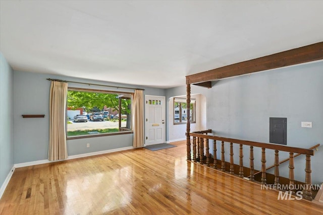 spare room featuring electric panel, healthy amount of natural light, and wood finished floors