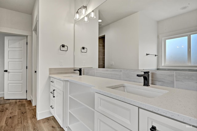 bathroom featuring double vanity, wood finished floors, and a sink