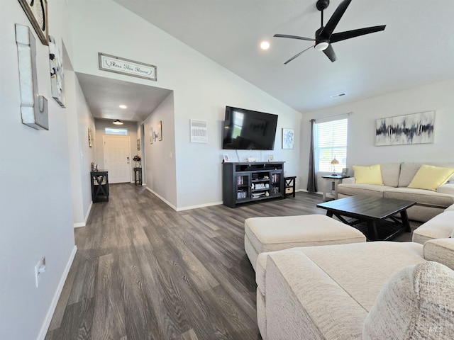 19339 Susquehanna Way, Caldwell, ID 83605 - living area with baseboards, ceiling fan, high vaulted ceiling, dark wood-type flooring, and recessed lighting