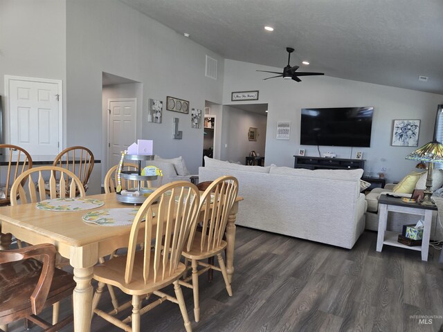 19339 Susquehanna Way, Caldwell, ID 83605 - dining area with ceiling fan, high vaulted ceiling, dark wood finished floors, and recessed lighting