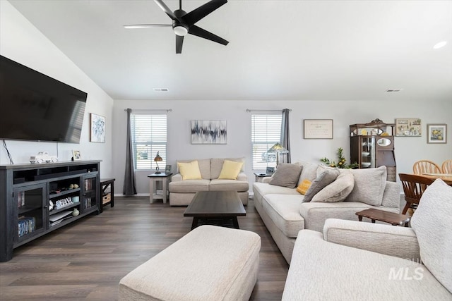 19339 Susquehanna Way, Caldwell, ID 83605 - living area with a ceiling fan, dark wood-style floors, and vaulted ceiling