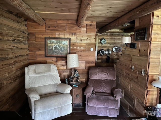 3695 W Mountain Rd, Anatone, WA 99401 - living area with rustic walls, wood ceiling, beamed ceiling, and wood finished floors