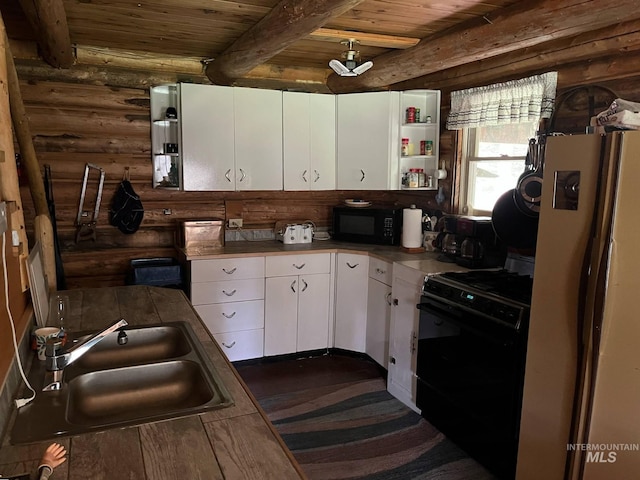 3695 W Mountain Rd, Anatone, WA 99401 - kitchen featuring black appliances, a sink, rustic walls, wooden ceiling, and white cabinetry