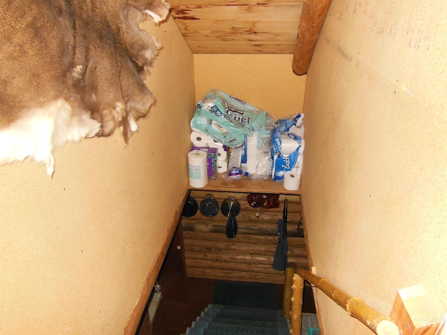 3695 W Mountain Rd, Anatone, WA 99401 - stairs with wood ceiling and vaulted ceiling