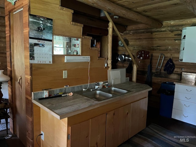 3695 W Mountain Rd, Anatone, WA 99401 - kitchen featuring rustic walls, a sink, wood ceiling, and beamed ceiling