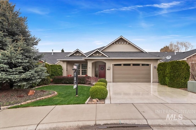 2479 N Devlin Ave, Meridian, ID 83646 - ranch-style home with concrete driveway, a garage, a front yard, a shingled roof, and stucco siding