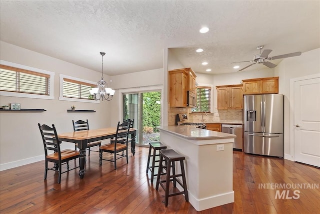2479 N Devlin Ave, Meridian, ID 83646 - kitchen featuring stainless steel appliances, a textured ceiling, recessed lighting, dark wood-style floors, and a peninsula