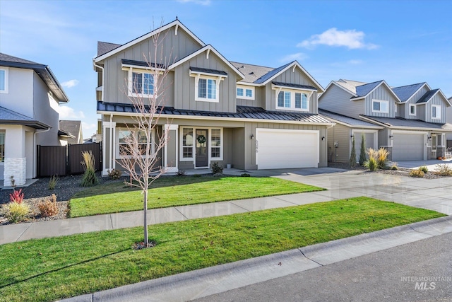 6086 S Sachet Ave, Meridian, ID 83642 - craftsman inspired home featuring board and batten siding, driveway, a standing seam roof, fence, and an attached garage