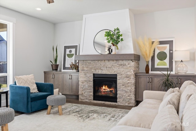 6086 S Sachet Ave, Meridian, ID 83642 - living area with recessed lighting, wood finished floors, and a fireplace