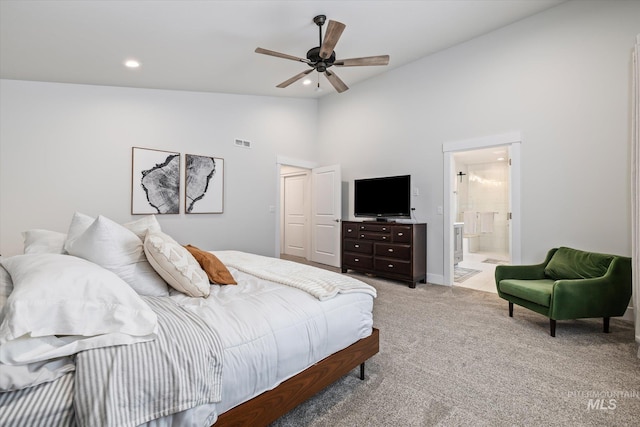 6086 S Sachet Ave, Meridian, ID 83642 - carpeted bedroom featuring visible vents, ceiling fan, high vaulted ceiling, recessed lighting, and connected bathroom