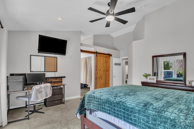 8466 W Idaho Blvd, Letha, ID 83636 - bedroom with light carpet, vaulted ceiling, an office area, a barn door, and baseboards
