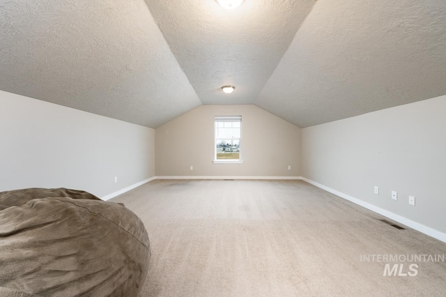 additional living space with vaulted ceiling, a textured ceiling, carpet, baseboards, and visible vents
