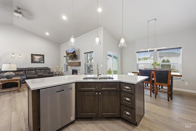 1010 Blueridge Dr, Kimberly, ID 83341 - kitchen with dishwasher, open floor plan, light countertops, high vaulted ceiling, and recessed lighting