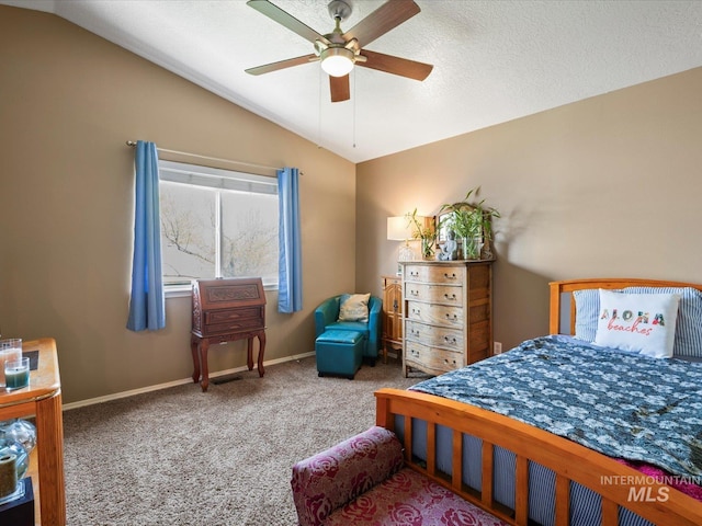 bedroom with carpet, ceiling fan, lofted ceiling, and baseboards