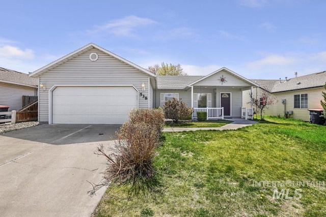 single story home with a garage, a porch, a front lawn, and concrete driveway