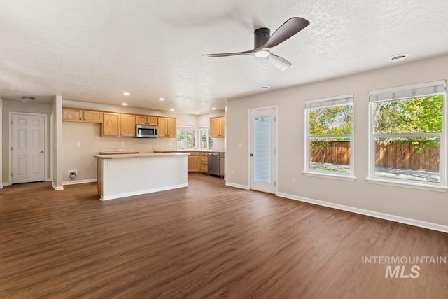 7362 S Shadowmoss Ave, Boise, ID 83709 - kitchen with stainless steel appliances, baseboards, dark wood-style flooring, recessed lighting, and a textured ceiling