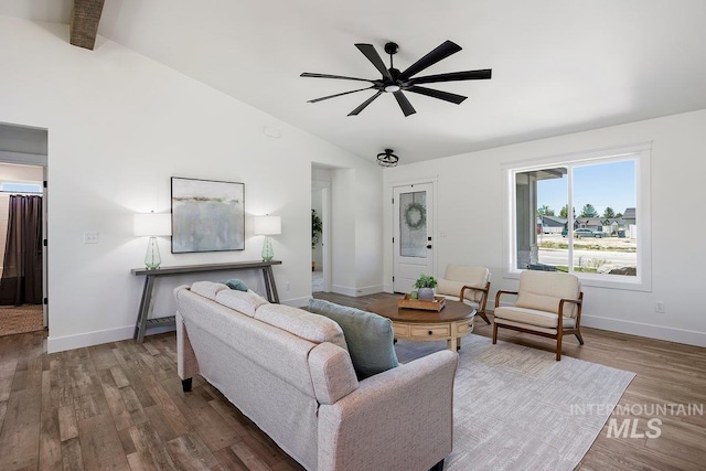 958 Gregory Way, Twin Falls, ID 83301 - living area featuring a ceiling fan, wood finished floors, baseboards, high vaulted ceiling, and beamed ceiling